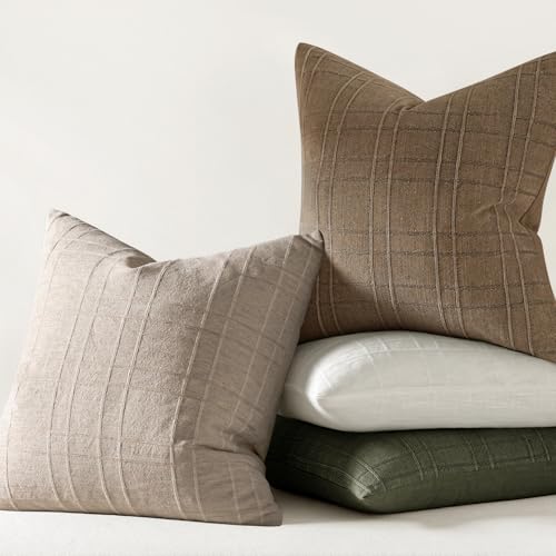 Image of MIULEE Decorative Linen Check Throw Pillow Covers Neutral Farmhouse Vintage Pillow Covers 20x20 Set of 2 Boho Modern Home Decor for Sofa Couch Bedroom Cushion Natural Linen