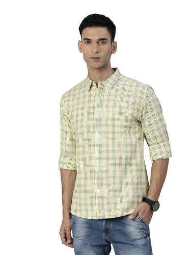 Image of JOVEN Men Slim Fit Pure Cotton Brown and Dark Green Casual Checked Shirt