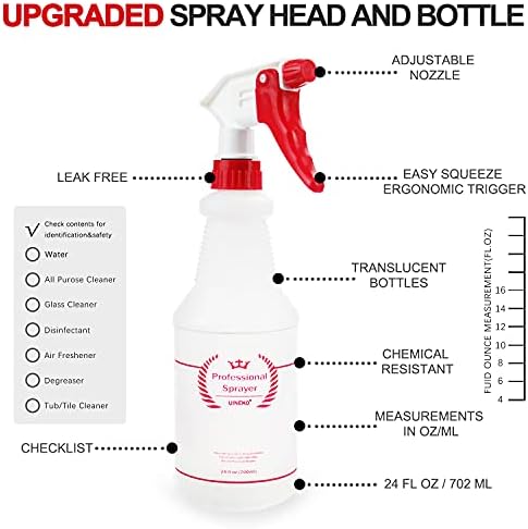 Plastic Spray Bottle (4 Pack, 24 Oz, All-Purpose) Heavy Duty Spraying Bottles Leak Proof Mist Empty Water Bottle for Cleaning Solution Planting Pet with Adjustable Nozzle and Measurements