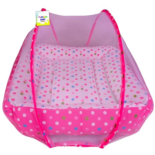 Image of Toddylon Baby Bed Bedding Set for New Born Baby | Bed Mattress | Mosquito Net | Neck | | Cotton | Travel Bed | Essentials | Toddlers | Infants | Baby Boy Girl (0-12 Months) Pink