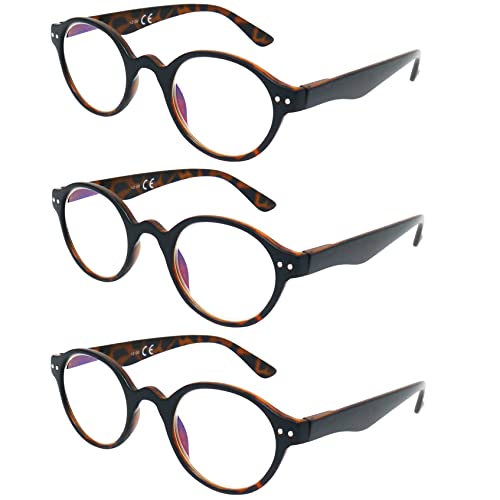 Mini Brille 3 paires Lunettes Anti Lumière Bleue sans Correction au Verres Rondes Style Professeur, Monture plastique (Écaille de Tortue Marron), Fausse Lunette Homme et Femme