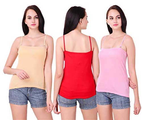 Image of Set of 3 Spaghetti Camisole Vest Top Inner Wear Camis with Adjustable and Detachable Strap (Free 1 Pair Transparent Strap) for Women and Girls
