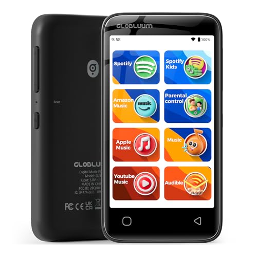 Globluum Lecteur MP3 pour enfants, contrôle parental, prend en charge Spotify et Audible, Bluetooth et WiFi (noir)