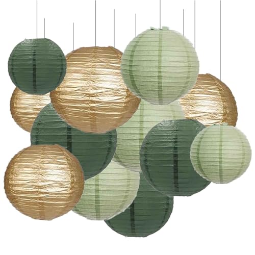 GAKA FAVOR 12er Papier Lampions Set Salbei Grün und Gold Eukalyptus Grün Hängedekoration Papierlampions Deko Salbeigrün Papier Laternen für Hochzeit Taufe Geburtstag Kommunion Party Deko