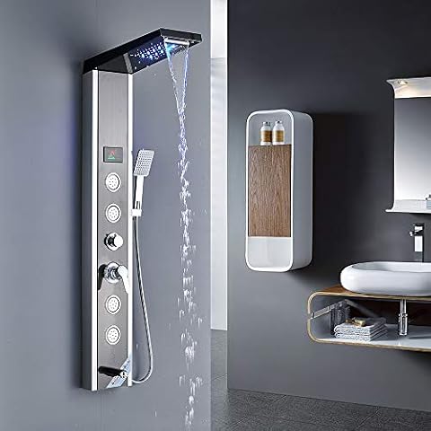 Rozin Shower Panel Tower Stainless Steel Brushed Nickel and Black 5 Function Rainfall Waterfall Shower Head Hydromassage Jet Handheld Shower Bathtub Spout Wall Mounted Shower Panel Cover