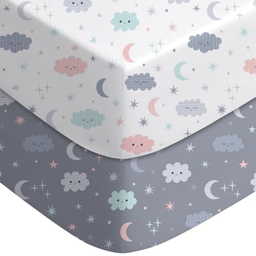 Image of Yoofoss Baby Crib Sheets for Boys Girls, Fitted Crib Sheet 2 Pack for Standard Crib and Toddler Mattress, Super Soft Microfiber Baby Sheet 28x52x8in(Cloud)