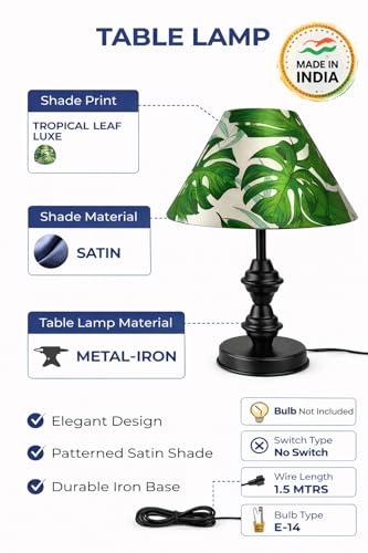 Image of tu casa Modern Table Lamp with Tropical Leaf Satin Shade | Metal Iron Base Decorative lamp for Living Room| Decorative Lighting for Living Room, Study & Home Decor, Designer Table Lamp for Gifting