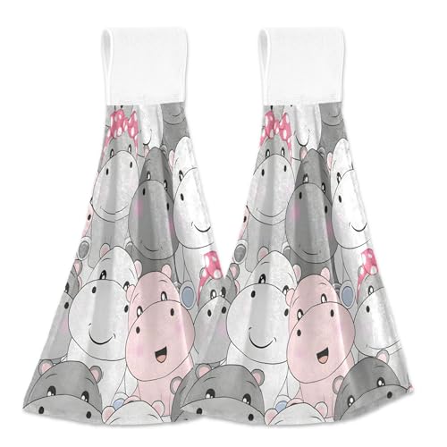 Happy Hippos - Juego de 2 toallas de mano de otoño grises con lazo para colgar, suaves y absorbentes, toallas de secado de cocina personalizadas de 18.2 x 14 pulgadas