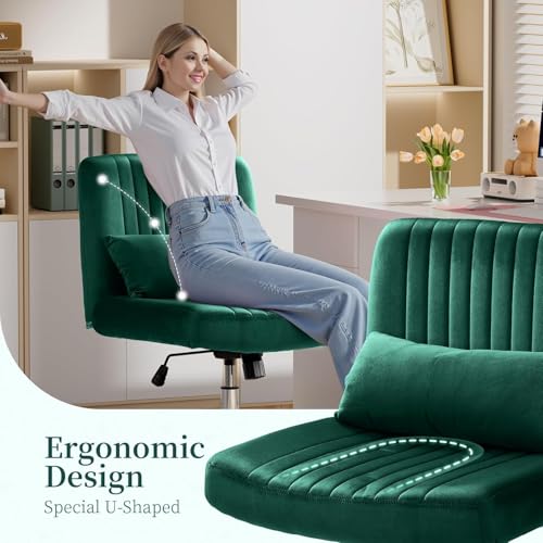 Image of Velvet Criss Cross Desk Chair with Wheels, Luxury Cross Legged Office Office, Swivel Wide Seat Vanity Chair, Armless Adjustable Height Gaming Chair Gift, Dusty (2, Green)