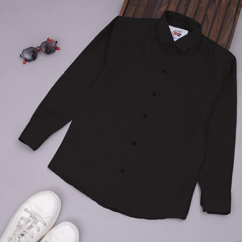 Image of Boy's Kids Regular Fit Solid Pattern Cotton Shirt with Pocket Collared Neck Long Sleeve Button Down Closure Type and Standard Length | Boys Cotton T-Shirts Set | Shirt for Boy