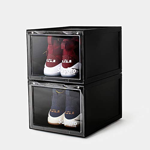 Supbro Collection Crate - Easy Access Storage Shoes Box -Plastic Foldable Stackable Sneaker Display Storage With Clear Front Door Organizer-2 Pack (Black) #TOP2