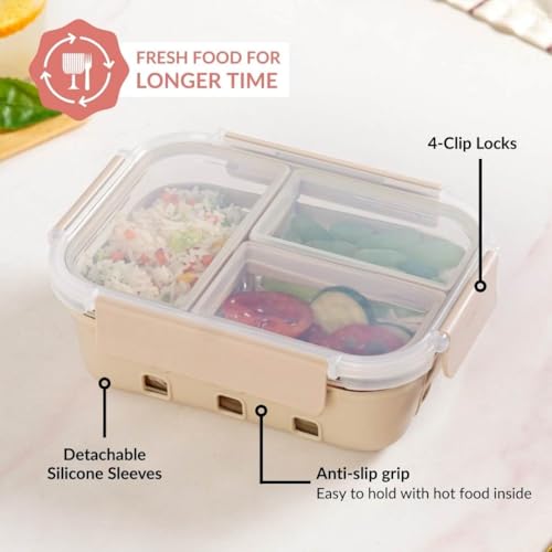 Image of Nestasia Glass Lunch Box with Silicone Sleeve (1000ml) - Borosilicate Glass Lunch Box with 3 Compartments for Office | Microwave & Freezer Safe, Leak-Proof Tiffin Box with Clip Locks (Beige)