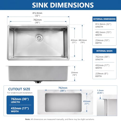 Image of LQS 32 Inch Undermount Kitchen Sink, 32 inch x 19 inch Stainless Steel Kitchen Sink, Undermount Sinks, Handmade Deep Single Bowl Sinks with R10 Round Corner and Abundant Accessories