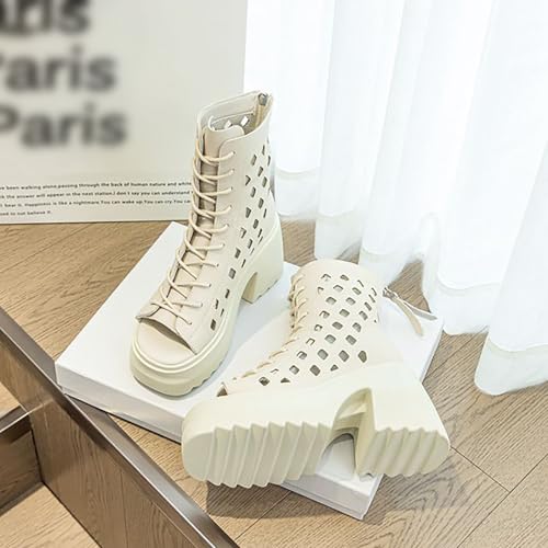Women's Leather Hollow Round Toe Open Toe Platform Chunky Heel Ankle Boot Sandals Fashion Back Zipper Breathable Wedge High Top Rome Sandals Summer Casual Comfort Anti-Slip Sandals4