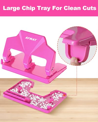 Image of AFMAT 3 Hole Punch Heavy Duty, 40-Sheet Three Hole Punch, 50% Reduced Effort, 3 Hole Puncher for Binder w /Large Chip Tray, 9 /32 inch Holes Diameter, Metal Paper Puncher for Home /Office /School, HP14(Pink)