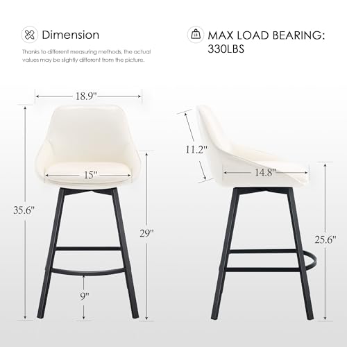 Image of Zesthouse Swivel Bar Stools Set of 4, 26 inch Modern Counter Height Bar Stools with Low Backs, Upholstered Faux Leather Bar Chairs for Kitchen Counter, White Island Chairs with Metal Legs