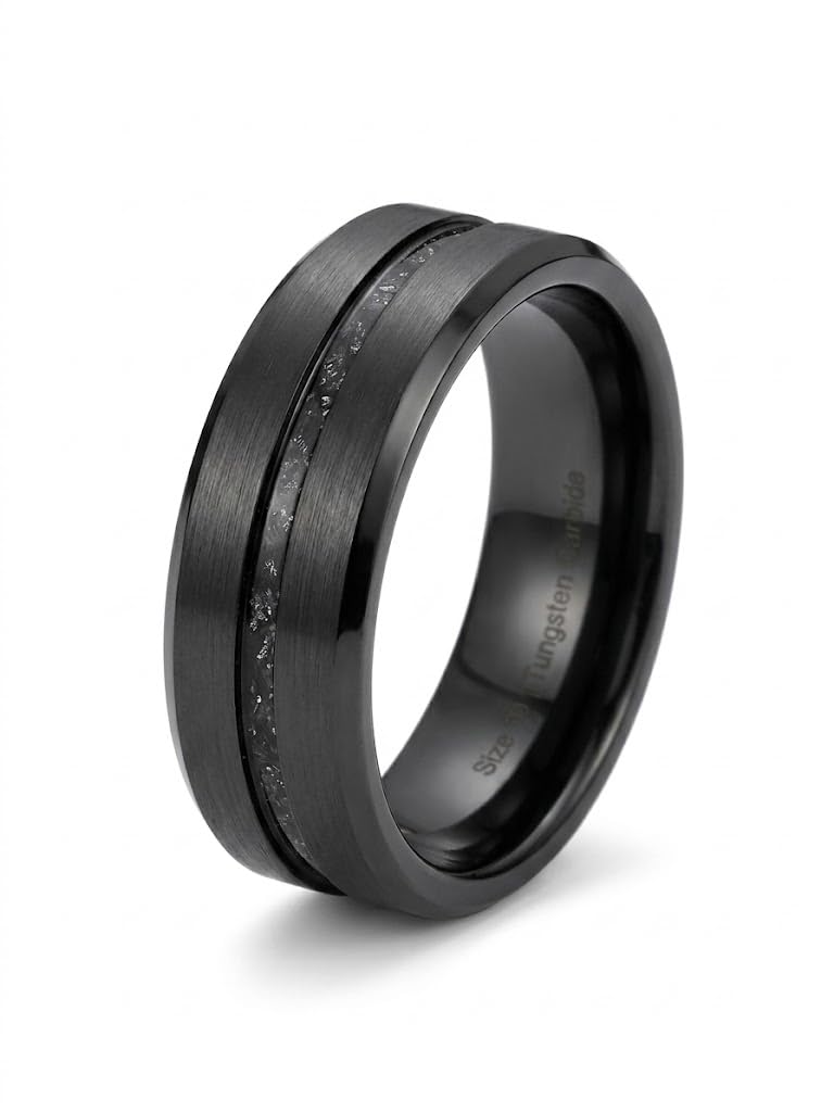 Stardust Off-Center Black Ring | Mens Black Tungsten Carbide Ring with Brushed Matte Finish and Meteorite Inlay-image-48