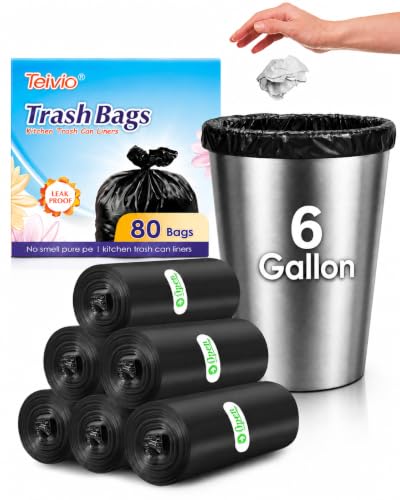 Image of Teivio Black Trash Bags 6 Gallon 80 Count Kitchen Garbage Bags Bathroom