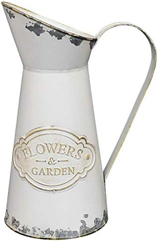 Fovasen Tall French Style Farmhouse vase, Metal Vintage Vase Pitcher Flower Vase Country Jug Decorative Flower Holder for Home Decoration White -11"