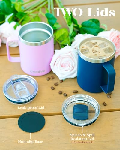 avodvo 12oz Insulated Coffee Mug with Lid – Includes Two Lids, Stainless Steel Coffee Travel Mug with Handle, Double Wall Vacuum Insulated Camping Mug for Home, Office & Outdoor, Pink - image 7