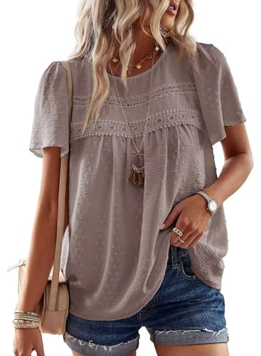 Image of Falechay Womens Summer Tops Crewneck Short Sleeve Shirts Casual Chiffon Blouses Flowy Lace Hem Boho Clothing Trendy 2026