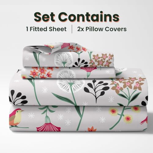 Image of LORETO - A QUALITY LINEN BRAND 144 TC 100% Pure Cotton King Size Fitted Bedsheet with 2 Pillow Covers for 72 x 72 Inch Mattress, All-Around Elastic, 8 Inch Deep Pocket, Lavender Grey Spring Harmony