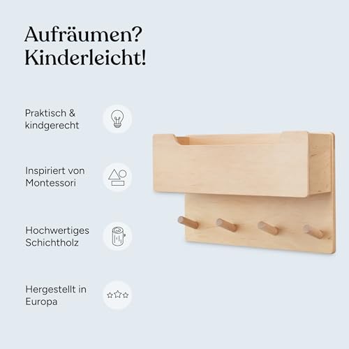 Ehrenkind® Kindergarderobe | Aus robusten Holz | Garderobe Kinder | Klein Weiß mit Sichtfenster | geeignet als Wandregal Kinderzimmer | Kleiderhaken Wand | Kinder Kleiderhaken
