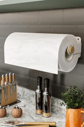LMZ Yapışkanlı Doğal Gürgen Ağaç Ahşap Bar Metal Rulo Kağıt Havluluk, Kağıt Havlu Standı, Banyo Mutfak Havlu Çubuğu, Peçetelik Kağıt Havlu Rafı, Kağıt Havluluk Askısı (Metal, Beyaz)