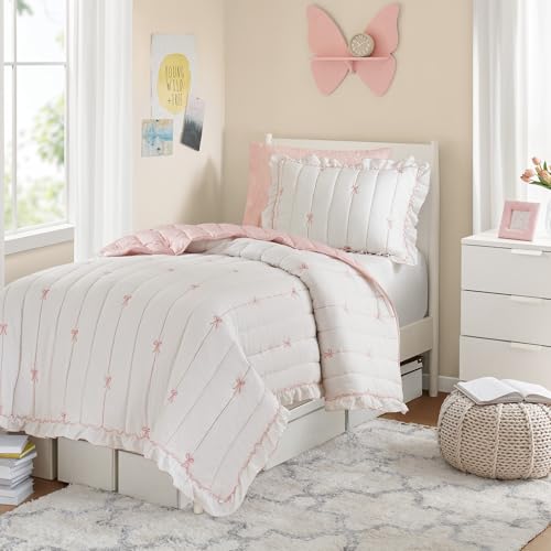 Intelligent Design Bow Embroidered Ruffle Pink Twin Quilt Set, 2pc by Intelligent Design - Used condition - Image 9
