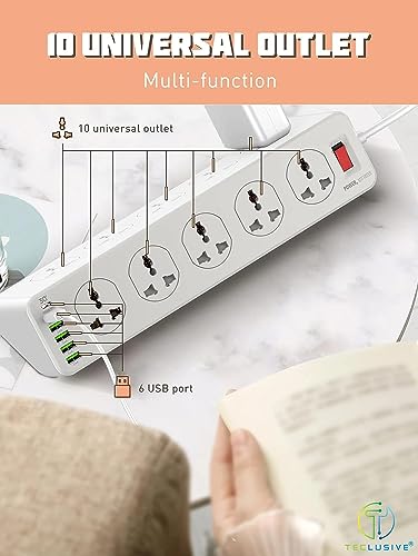 Image of 16 in 1 Extension Board with 2500W Power Strip 10 Universal Power Sockets, 6 USB Slots Surge Protection with a 30W Type C USB PD QC 3.0 Fast,2-M Power Cord with Indian 3 Pin Plug