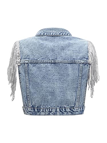 Sweatyrocks Women's Fringe Button Down Crop Denim Jacket Sleeveless Collared Jean Coats Light Wash S #TOP1