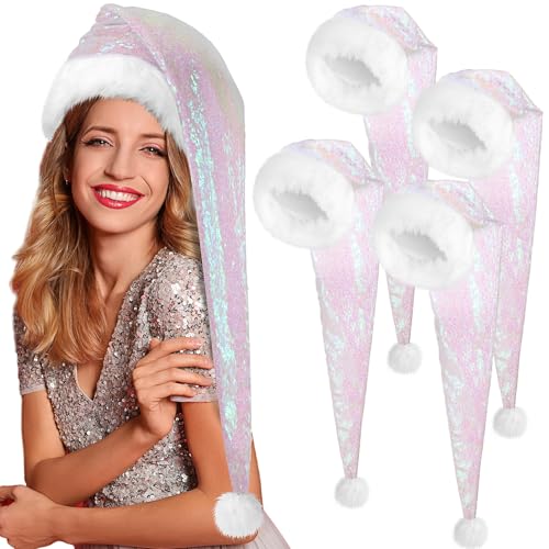 Geyoga 4 Pieces Christmas Santa Hats Xmas Shiny Sequin Santa Hats for Adults Long Christmas Cap Women Men Party Supplies(Iridescent)
