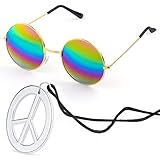 Beelittle Hippie Kostümzubehör für Herren und Damen - Retro Hippie 60er Jahre Kreis Brille Friedenszeichen Halskette (Regenbogen)