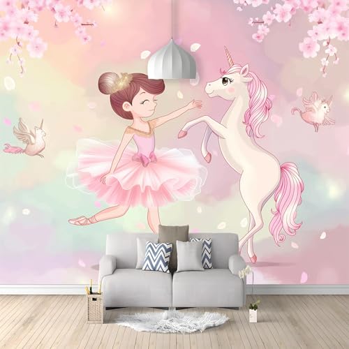Générique 3D Panoramique Murale Art De Rêve Licorne Ballerine Fille, Papier Peint Intissé 350x256cm, pour Salon, Chambre Enfant, Décoration Murale,...