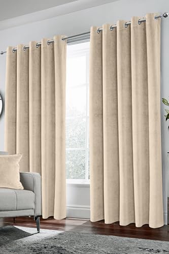Enhanced Living Hampton Premium Velvet Cream Blackout Curtains for Bedroom - 66x90 inch (168x229 cm) Supersoft Eyelet Curtains for Living Room - 2 x Curtain Panels