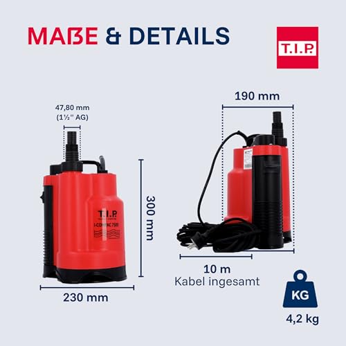 T.I.P. Drainage-Tauchpumpe I-Compac 7500 Kunststoff mit Schwimmerschalter für Schmutzwasser 400W Rot, 30190