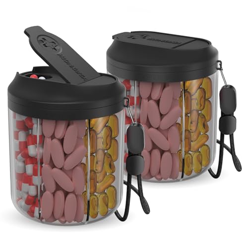 Image of Hionxmga Pill Dispenser with 7 Large Compartments, Pill Bottle Organizer for Travel, Supplement Organizer with Anti-Mixing Design, Pill Container with 20 Pcs Labels, Black 2Pcs