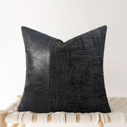 cygnus Black Chenille and Faux Leather Throw Pillow Cover 18x18 I...