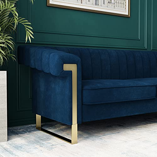 Fhdlds 84 Inch Chesterfield Sofa Mid-Century Modern Velvet Sofa With Flared Arms And Removable Cushions, Upholstered Couch With Stainless Steel Base, Loveseat For Living Room Bedroom Apartment, Blue #TOP6