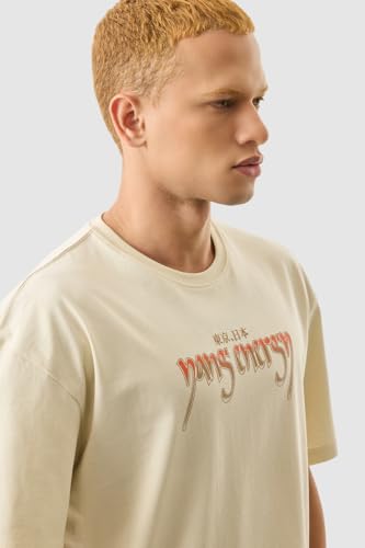 Image of SNITCH Men T-Shirt | Oversized Fit with Bold Dragon Graphic & Japanese Text | 100% Cotton Material, Crew Neck & Drop Shoulder Design | Casual & Streetwear Fashion