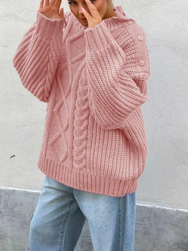 Saodimallsu Womens Oversized Cable Knit Sweaters 2025 Fall Winter Trendy Button Up Turtleneck Chunky Pullover Sweater Tops3