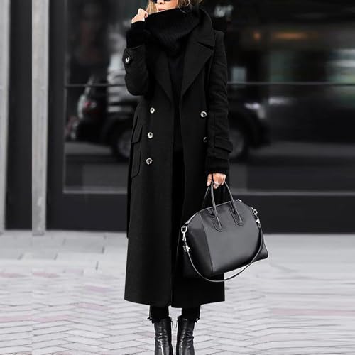 BUhuiBabubu Women's Coats Sale, Womens Winter Double Breasted Wool Blend Coats Long Sleeve Notch Lapel Dressy Long Trench Coat Work Office Overcoat for Ladies Graduation Gifts for Her,Black,XL,u754k