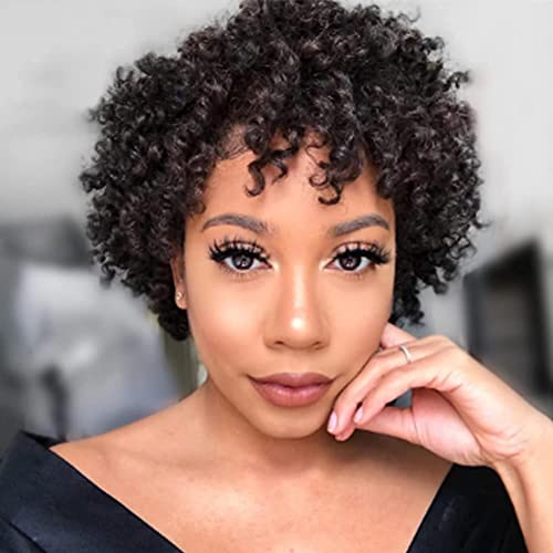 Short Afro Kinky Curly Human Hair Wigs For Black Women Brazilian Virgin Short Curly Afro Wigs None Lace 150% Density Unprocessed Afro Wig Human Hair Curly Machine Made (Natural Color, 8 inch)