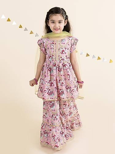 Pspeaches Girls Pink Floral Printed Gotta Patti Pure Cotton Kurti With Palazzos With Dupatta (Pink-3-4Y)