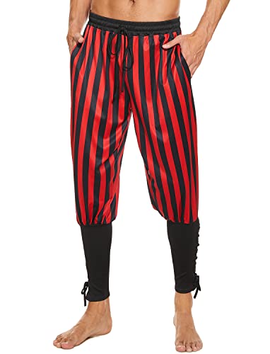 Mens Vintage Striped Pirate Pants Costume, Halloween Medieval Ankle Banded Pants, Renaissance Gothic Viking Navigator Trousers (L,Black-Red) #TOP3