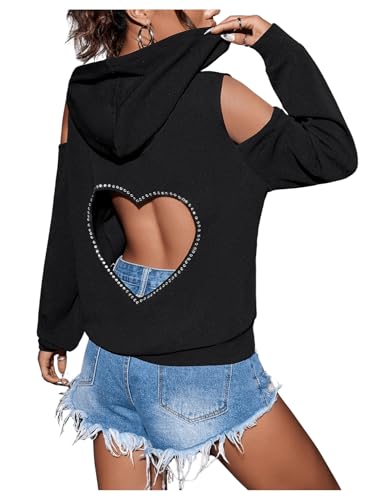 RoseSeek Women's Rhinestone Cutout Hoodie Pullover Drawstring Long Sleeve Casual Hooded Sweatshirts Black Medium