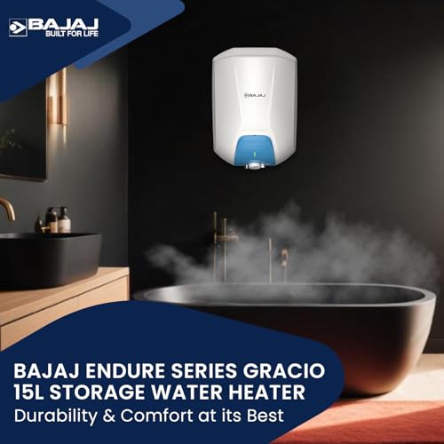 Image of Bajaj Endure Series Gracio 15 L Storage Water Heater For Home | 5 Star Rated Geyser | 20% More Hot Water* | Thermostat Knob | Shock Resistant & Rust Proof | Child Safety Mode | 4-Yr Warranty 【White】