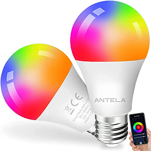 ANTELA Smarte WLAN Glühbirne E27 9W LED Mehrfarbige Dimmbare Birne, App Steuern Kompatibel mit Alexa, Google Home, Kein Hub Benötigt, Warmweiß/Kaltesweiß Licht, 2 PCs