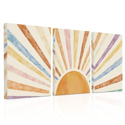 Boho Sun Ray Framed Canvas Print Wall Art Set of