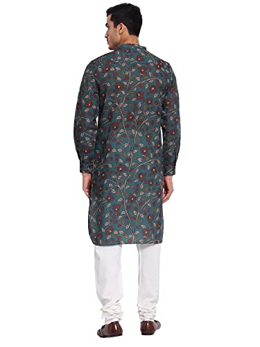 Image of Style Quotient Men Green Ethnic Motifs Printed Thread Work Kurta